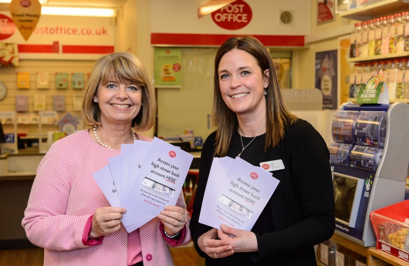 Picture Caption: Harriett Baldwin MP helps to promote banking services at Barnards Green Post Office with Jennifer Cain.