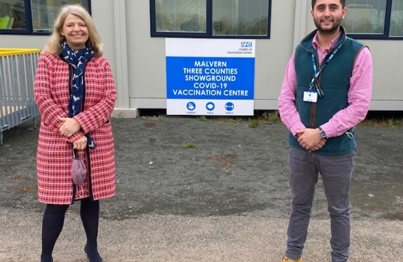 Picture caption: Pictured at Malvern’s Three Counties Showground vaccination centre (l-r) Harriett Baldwin MP with site manager George Eldridge.
